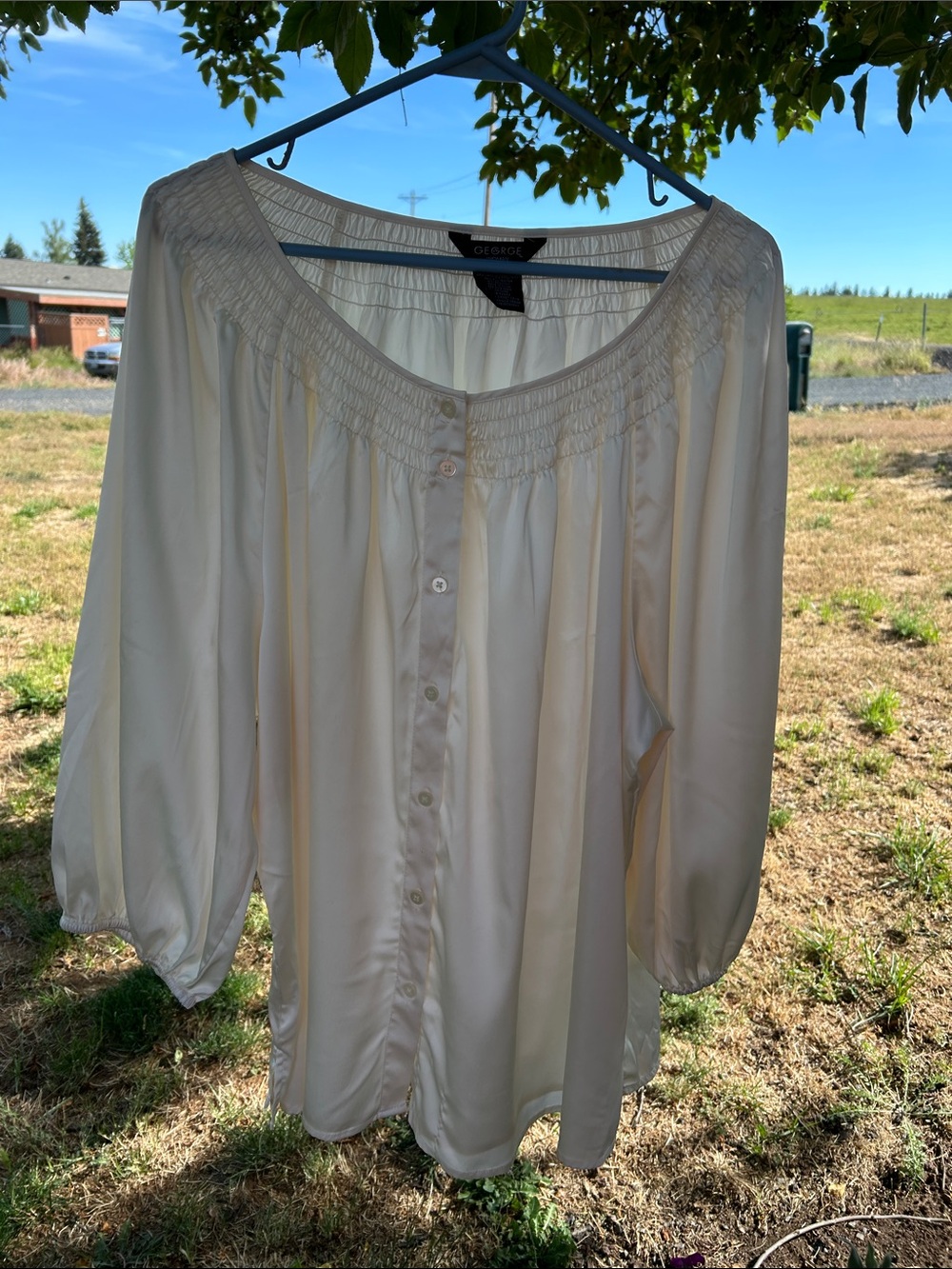 George Cream Smocked-Neck Button Front Blouse